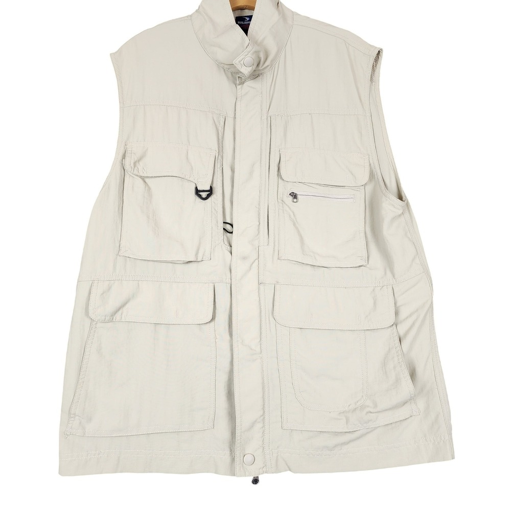 Reel Legends Mens Medium Tan Nylon Fishing Utility Vest‎ Mesh Lined Multi-Pocket